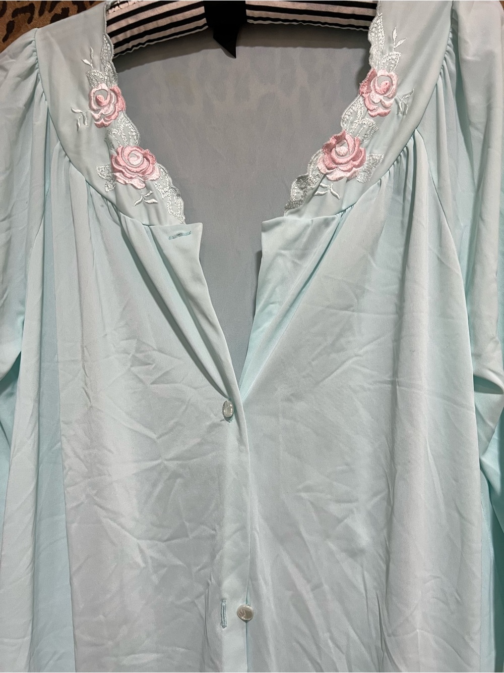 Light Blue Sleep Shirt with Pink Rose Embroidery